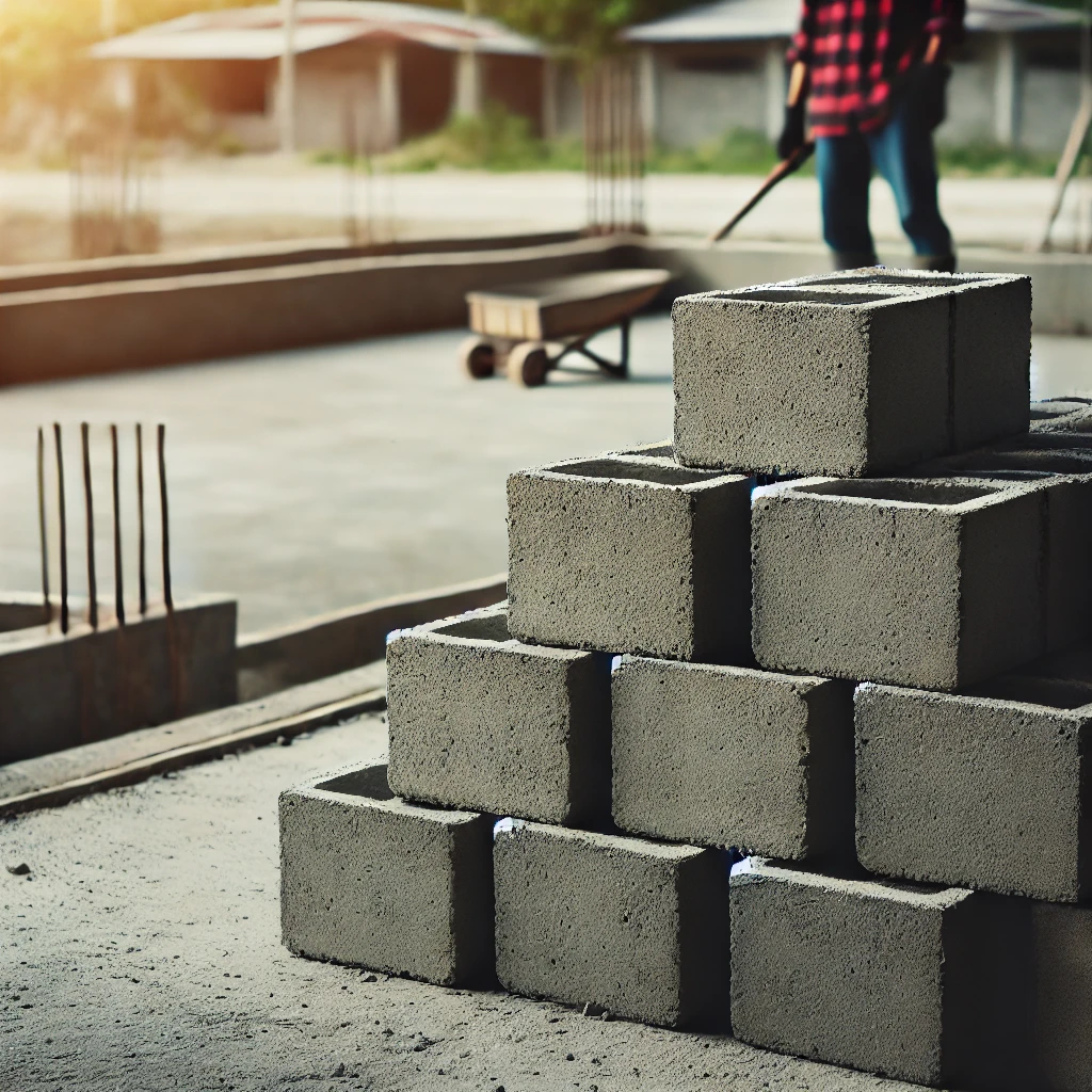 DALL·E 2024-12-04 16.11.36 - A stack of concrete blocks arranged neatly on a construction site, with a clean and clear background. The texture of the blocks is emphasized, showing