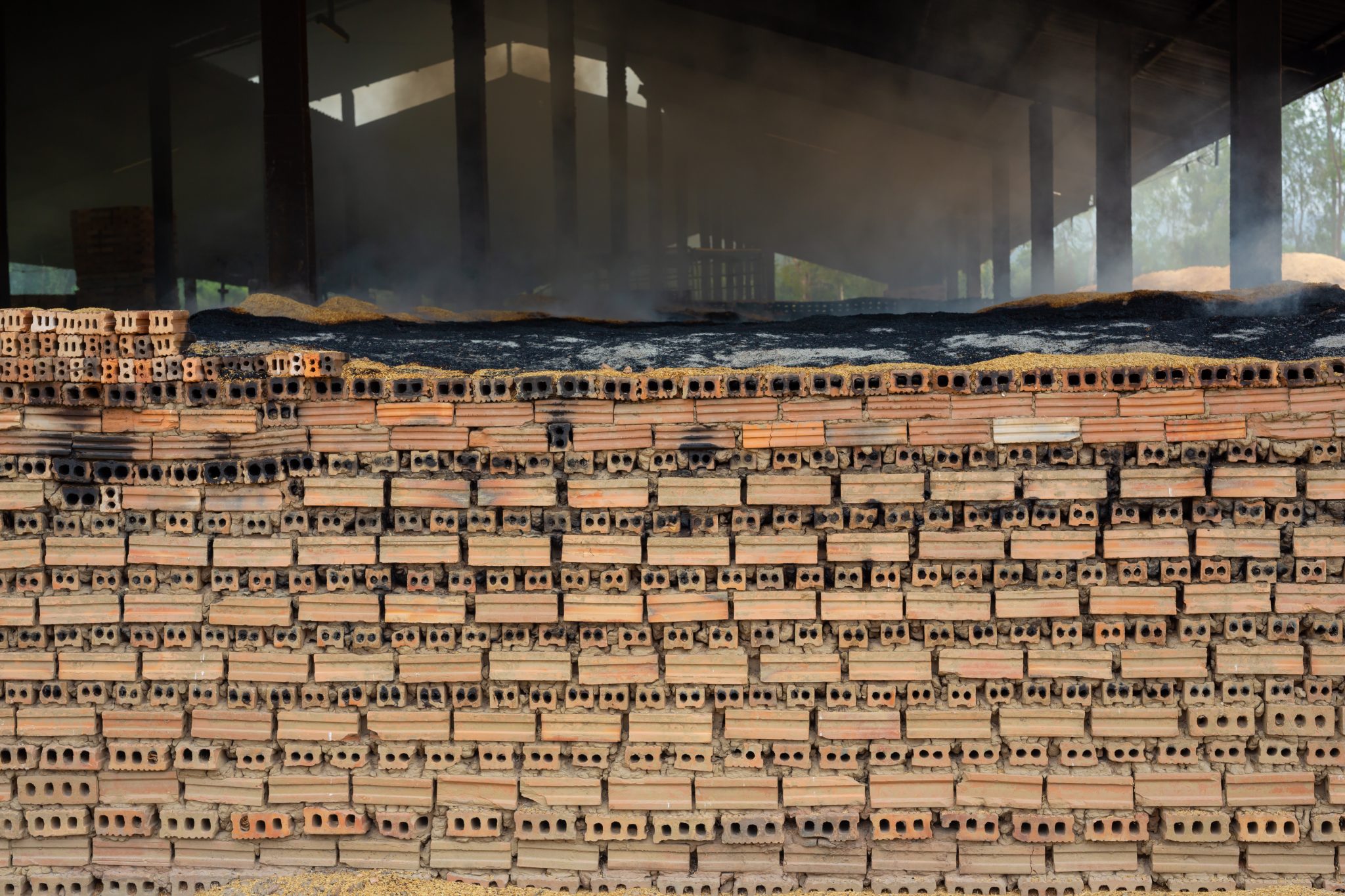 Brick piles placed on the factory floor.